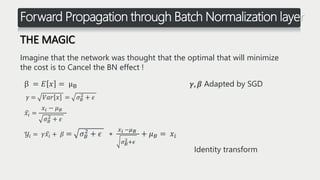 THE MAGIC
Imagine that the network was thought that the optimal that will minimize
the cost is to Cancel the BN effect !
Forward Propagation through Batch Normalization layer
β = 𝐸 𝑥 = μB
𝛾 = 𝑉𝑎𝑟 𝑥 = 𝜎 𝐵
2
+ 𝜖
𝑥𝑖 =
𝑥𝑖 − 𝜇 𝐵
𝜎 𝐵
2
+ 𝜖
𝒴𝑖 = 𝛾 𝑥𝑖 + 𝛽 = 𝜎 𝐵
2
+ 𝜖 ∗
𝑥 𝑖 −𝜇 𝐵
𝜎 𝐵
2+𝜖
+ 𝜇 𝐵 = 𝑥𝑖
Identity transform
𝛾, 𝛽 Adapted by SGD
 
