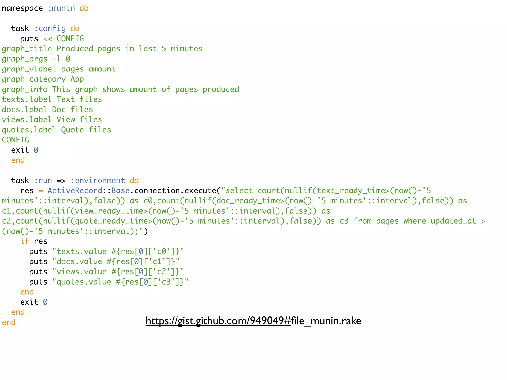 namespace :munin do task :config do puts <<-CONFIG graph_title Produced pages in last 5 minutes graph_args -l 0 graph_vlabel pages amount graph_category App graph_info This graph shows amount of pages produced texts.label Text files docs.label Doc files views.label View files quotes.label Quote files CONFIG exit 0 end task :run => :environment do res = ActiveRecord::Base.connection.execute("select count(nullif(text_ready_time>(now()-'5 minutes'::interval),false)) as c0,count(nullif(doc_ready_time>(now()-'5 minutes'::interval),false)) as c1,count(nullif(view_ready_time>(now()-'5 minutes'::interval),false)) as c2,count(nullif(quote_ready_time>(now()-'5 minutes'::interval),false)) as c3 from pages where updated_at > (now()-'5 minutes'::interval);") if res puts "texts.value #{res[0]['c0']}" puts "docs.value #{res[0]['c1']}" puts "views.value #{res[0]['c2']}" puts "quotes.value #{res[0]['c3']}" end exit 0 end end https://gist.github.com/949049#ﬁle_munin.rake 