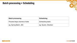 Batch processing ≠ Scheduling
Batch processing Scheduling
Process large volumes of data Scheduling tasks
eg. Spring Batch, JEE eg. Quartz, Obsidian
 
