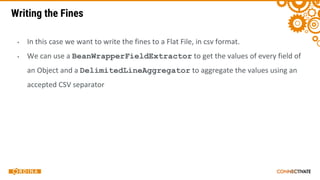 Writing the Fines
▪
▪ BeanWrapperFieldExtractor
DelimitedLineAggregator
 