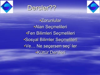Dersler??
        •Zorunlular
    •Alan Seçmelileri
 •Fen Bilimleri Seçmelileri
•Sosyal Bilimler Seçmelileri
•Ve… Ne seçersen seç’ ler
     •Kültür Dersleri
 
