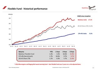 Flexible Fund - historical performance
JSE All Share (TR) 13.8%
Bateleur (net) 17.1%
CPI+4% Index 9.5%
CAGR since inception
10Source: Bloomberg, Bateleur All performance numbers to 28 February 2017
Returns YTD 1 Year 3 Year 5 Year
Bateleur Flexible Fund 1.2% 2.2% 10.6% 15.9%
CPI+4% (benchmark) 1.7% 10.6% 9.7% 9.7%
JSE All Share (TR) 1.1% 6.3% 5.7% 11.6%
Unit price
* 2016 Morningstar and Raging Bull award winning fund – best flexible fund over 5 years on a risk adjusted basis.
100
140
180
220
260
300
Jun 10 Dec 10 Jun 11 Dec 11 Jun 12 Dec 12 Jun 13 Dec 13 Jun 14 Dec 14 Jun 15 Dec 15 Jun 16 Dec 16
 