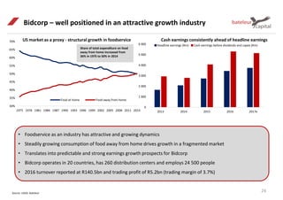 • Foodservice as an industry has attractive and growing dynamics
• Steadily growing consumption of food away from home drives growth in a fragmented market
• Translates into predictable and strong earnings growth prospects for Bidcorp
• Bidcorp operates in 20 countries, has 260 distribution centers and employs 24 500 people
• 2016 turnover reported at R140.5bn and trading profit of R5.2bn (trading margin of 3.7%)
30%
35%
40%
45%
50%
55%
60%
65%
70%
1975 1978 1981 1984 1987 1990 1993 1996 1999 2002 2005 2008 2011 2014
Food at home Food away from home
Share of total expenditure on food
away from home increased from
36% in 1975 to 50% in 2014
Source: USDA, Bateleur
24
Bidcorp – well positioned in an attractive growth industry
Cash earnings consistently ahead of headline earningsUS market as a proxy - structural growth in foodservice
0
1 000
2 000
3 000
4 000
5 000
6 000
2013 2014 2015 2016 2017e
Headline earnings (Rm) Cash earnings before dividends and capex (Rm)
 