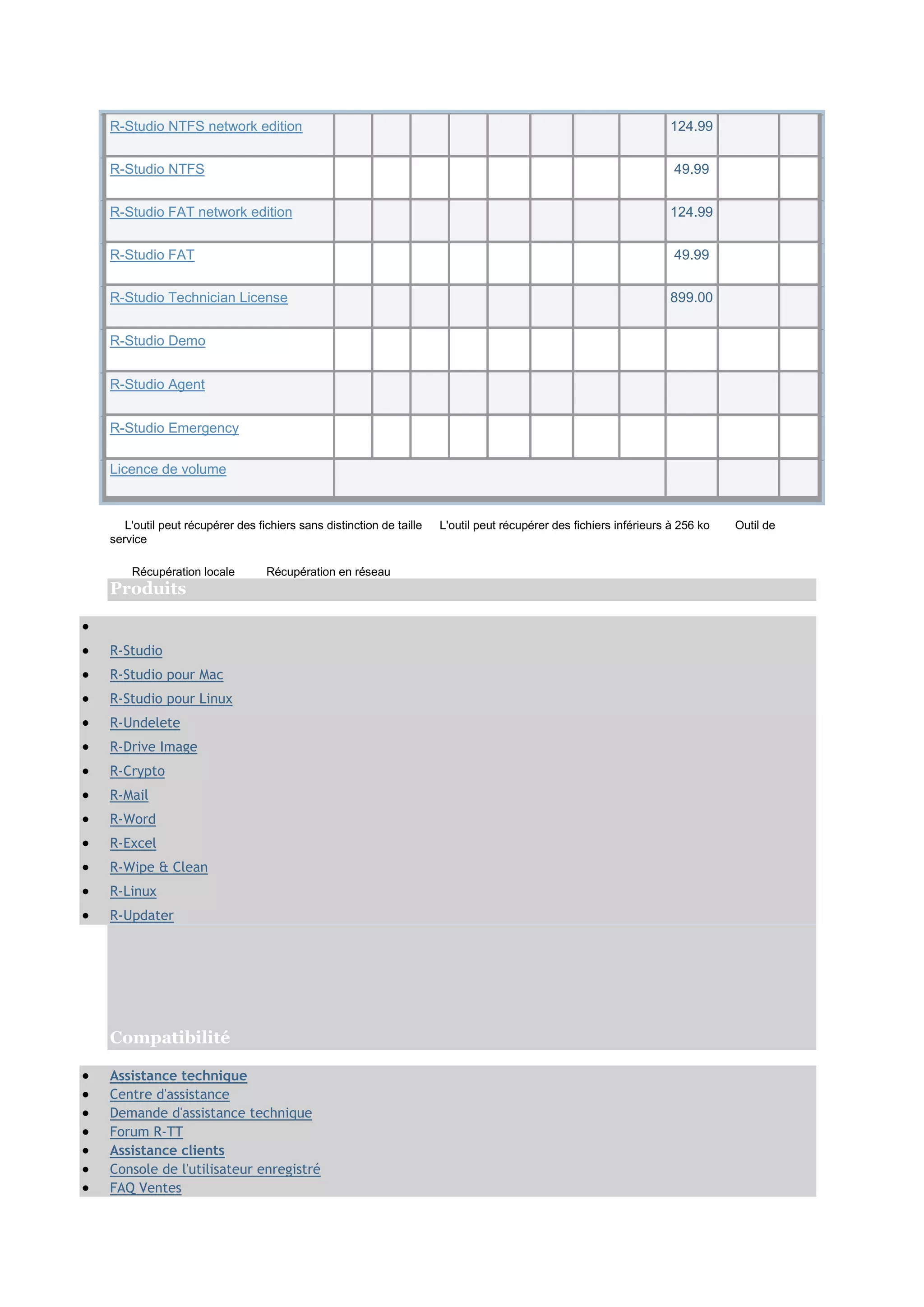 R-Studio NTFS network edition 124.99
R-Studio NTFS 49.99
R-Studio FAT network edition 124.99
R-Studio FAT 49.99
R-Studio Technician License 899.00
R-Studio Demo
R-Studio Agent
R-Studio Emergency
Licence de volume
L'outil peut récupérer des fichiers sans distinction de taille L'outil peut récupérer des fichiers inférieurs à 256 ko Outil de
service
Récupération locale Récupération en réseau
Produits

 R-Studio
 R-Studio pour Mac
 R-Studio pour Linux
 R-Undelete
 R-Drive Image
 R-Crypto
 R-Mail
 R-Word
 R-Excel
 R-Wipe & Clean
 R-Linux
 R-Updater
Compatibilité
 Assistance technique
 Centre d'assistance
 Demande d'assistance technique
 Forum R-TT
 Assistance clients
 Console de l'utilisateur enregistré
 FAQ Ventes
 