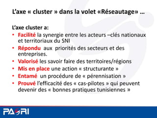 L’axe « cluster » dans la volet «Réseautage» …
L’axe cluster a:
• Facilité la synergie entre les acteurs –clés nationaux
et territoriaux du SNI
• Répondu aux priorités des secteurs et des
entreprises.
• Valorisé les savoir faire des territoires/régions
• Mis en place une action « structurante »
• Entamé un procédure de « pérennisation »
• Prouvé l’efficacité des « cas-pilotes » qui peuvent
devenir des « bonnes pratiques tunisiennes »
 