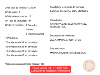 Área total do terreno: 4.750 m²             Arquitetura e conceito de fachada:

Nº de torres: 1                             BAGGIO SCHIAVON ARQUITETURA

Nº de salas por andar: 16
Nº Total de unidades: 144                   Paisagismo:

Nº de Pavimentos: 2 Subsolos                BENEDITO ABBUD ARQUITETURA
                                            PAISAGÍSTICA
                    Térreo
                    9 Pavimentos tipo
                                            Decoração de Interiores:
TIPOLOGIA
                                            ZECA AMARAL ARQUITETOS
72 unidades de 33 m² privativos
36 unidades de 36 m² privativos
                                            Sala decorada:
18 unidades de 42 m² privativos
                                            MAENA ARQUITETURA E DESIGN
18 unidades de 47 m² privativos


Vagas de estacionamento rotativo: 130
                             Paulo Barros (55) 41 8401-1287
                            Consultor de Negócios Imobiliários
 