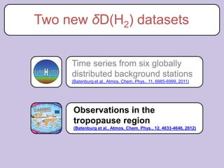 Two new δD(H2) datasets


     Time series from six globally
     distributed background stations
     (Batenburg et al., Atmos. Chem. Phys., 11, 6985-6999, 2011)




     Observations in the
     tropopause region
     (Batenburg et al., Atmos. Chem. Phys., 12, 4633-4646, 2012)
 