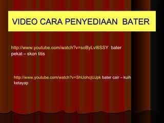 MENYEDIAKAN BATERMENYEDIAKAN BATER
Ayak tepung gandum
dan garam
Buat lubang di tengah-
tengah tepung dan
masukkan telur
Tuangkan sedikit cecair
Kacau tepung supaya
tidak bergesel
Tuangkan semua cecair.
Kacau supaya dapat
memerangkap udara
Biarkan bater ½ jam
sebelum dimasak
1 2 3
4 5 6
 