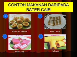 MAKANAN DARIPADAMAKANAN DARIPADA
BATERBATER
JenisJenis Hasil MasakanHasil Masakan BahanBahan Kaedah MemasakKaedah Memasak
Bater CairBater Cair Kuih kosuiKuih kosui Tepung gandum/Tepung gandum/
beras dan gulaberas dan gula
melakamelaka
MengukusMengukus
Kuih ketayapKuih ketayap Tepung gandum,Tepung gandum,
gula melaka,kelapagula melaka,kelapa
Menggoreng tohorMenggoreng tohor
Kuih lapisKuih lapis Tepung beras,Tepung beras,
kelapakelapa
MengukusMengukus
Kuih lompangKuih lompang Tepung beras,Tepung beras,
kelapakelapa
MengukusMengukus
Bater PekatBater Pekat Cucur udangCucur udang Tepung gandum,Tepung gandum,
udang, taugeh,udang, taugeh,
daun kucaidaun kucai
MenggorengMenggoreng
minyak banyakminyak banyak
Kuih rengasKuih rengas Tepung beras,Tepung beras,
kacang hujaikacang hujai
MenggorengMenggoreng
minyak banyakminyak banyak
Skon titisSkon titis Tepung gandum,Tepung gandum,
susu, telursusu, telur
Menggoreng tohorMenggoreng tohor
 