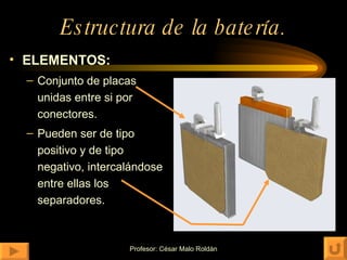 Estructura de la batería. ELEMENTOS: Conjunto de placas unidas entre si por conectores. Pueden ser de tipo positivo y de tipo negativo, intercalándose entre ellas los separadores. 