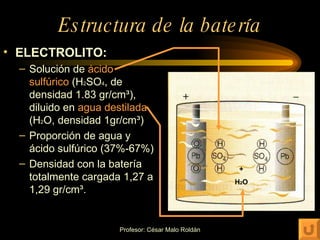 Estructura de la batería ELECTROLITO: Solución de  ácido sulfúrico  (H 2 SO 4 , de densidad 1.83 gr/cm ³), diluido en  agua destilada  (H 2 O, densidad  1gr/cm ³) Proporción de agua y ácido sulfúrico (37%-67%) Densidad con la batería totalmente cargada 1,27 a 1,29  gr/cm ³. + H 2 O 