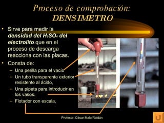 Proceso de comprobación: DENSIMETRO Sirve para medir la  densidad del H 2 SO 4  del electrolito  que en el proceso de descarga reacciona con las placas. Consta de: Una perilla para el vacío Un tubo transparente exterior resistente al ácido, Una pipeta para introducir en los vasos.  Flotador con escala,  