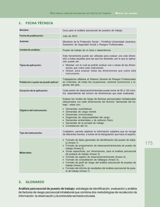 175
GUÍA PARA EL ANÁLISIS PSICOSOCIAL DE PUESTOS DE TRABAJO / MANUAL DEL USUARIO
Nombre:
Fecha de publicación:
Autores:
Unidad de análisis:
Tipos de aplicación:
Población a quien se puede aplicar:
Duración de la aplicación:
Objetivo del instrumento:
Tipo de instrumento:
Materiales:
Guía para el análisis psicosocial de puestos de trabajo.
Julio de 2010
Ministerio de la Protección Social – Pontificia Universidad Javeriana,
Subcentro de Seguridad Social y Riesgos Profesionales.
Puesto de trabajo de un área o dependencia.
Esta herramienta puede ser utilizada para evaluar una sola dimen-
sión o todas aquellas para las que fue diseñado, por lo que su aplica-
ción puede ser:
• Modular, con lo cual se podrán evaluar una o varias de las dimen-
siones que cubre este instrumento.
• Global, para evaluar todas las dimensiones que cubre este
instrumento.
Trabajadores afiliados al Sistema General de Riesgos Profesionales
en Colombia, de todas las ocupaciones, sectores económicos y re-
giones del país.
Cada sesión de observación/entrevista puede tomar de 60 a 120 minu-
tos, dependiendo del número de dimensiones que sean evaluadas.
Evaluar los niveles de riesgo de factores psicosociales intralaborales
relacionados con siete dimensiones del dominio “demandas del tra-
bajo”, estas son:
• Demandas cuantitativas.
• Demandas de carga mental.
• Demandas emocionales.
• Exigencias de responsabilidad del cargo.
• Demandas ambientales y de esfuerzo físico.
• Demandas de la jornada de trabajo.
• Consistencia del rol.
Cualitativo: permite objetivar la información subjetiva que se recoge
de diferentes fuentes, a través de la triangulación que hace el experto.
• Formato de datos generales de identificación del puesto de traba-
jo (Anexo 1).
• Formato de programación de observación/entrevista de puesto de
trabajo (Anexo 2).
• Guías específicas, por dimensiones, para el análisis psicosocial
de puestos de trabajo (Anexo 3).
• Formato de registro de observación/entrevista (Anexo 4).
• Formato de consolidación de hallazgos (Anexo 5).
• Formato de perfil de riesgo del análisis psicosocial de puestos de
trabajo (Anexo 6).
• Formato del informe de resultados del análisis psicosocial de pues-
to de trabajo (Anexo 7)
1. FICHA TÉCNICA
2. GLOSARIO
Análisis psicosocial de puesto de trabajo: estrategia de identificación, evaluación y análisis
de factores de riesgo psicosocial intralaboral que combina dos metodologías de recolección de
información: la observación y la entrevista semiestructurada.
 