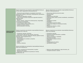 ORIENTACIONES
ADICIONALES
Algunas asignaciones que presentan responsabilidad directa por
la vida, salud o seguridad de otras personas son:
• Personal de salud dedicado a la prestación de servicios
asistenciales (médicos, enfermeras, fisioterapeutas, paramédicos,
psicólogos, etc.).
• Guardias de seguridad y escoltas.
• Jefes de áreas de salud ocupacional, seguridad industrial o
seguridad física.
• Bomberos.
• Pilotos, copilotos, capitanes de embarcaciones, maquinistas,
conductores de automóviles.
• Controladores de tráfico aéreo.
• Fuerzas militares (Policía, Ejército, etc.).
• Operador de equipo pesado.
• Jefe de alimentos o de cocina.
Algunas ocupaciones que presentan responsabilidad directa por
resultados de un área son:
• Presidentes, gerentes, directores.
• Supervisores o jefes de área (oficinas, producción,
mantenimiento, comercial, asistencial, finanzas, gestión humana,
seguridad, salud ocupacional, etc.).
• Interventores.
• Administradores de contratos o proyectos.
• Coordinadores.
• Capataces.
• Pilotos.
• Decanos, directores.
Algunas actividades que representan responsabilidad directa por
dinero de la empresa son:
• Control y aprobación de presupuestos y/o gastos.
• Manejo de caja menor.
• Negociación y aprobación de aumentos en nómina,
bonificaciones, etc.
Algunas asignaciones que presentan responsabilidad directa por
atención a otras personas son:
• Personal que atiende servicios de salud.
• Recepcionistas.
• Abogados.
• Operadores de call center.
• Profesores (jardín infantil, primaria, bachillerato, universitarios)
• Bomberos.
• Policías.
• Trabajadores sociales.
• Psicólogos.
• Conductores de servicio público.
• Personal que trabaja en comisarías de familia.
• Cajeros.
• Personal de cobranza y cartera.
• Auxiliares de vuelo.
Algunas ocupaciones que presentan responsabilidad directa por
dinero de la empresa:
• Presidentes, gerentes.
• Directores de áreas financieras y contables.
• Jefes de nómina.
• Jefes de suministros y materiales.
• Corredores de bolsa.
• Negociadores (mesas de dinero).
• Contadores.
• Cajeros.
• Transportadores de valores.
• Aprobadores de gasto.
• Manejo de cajas registradoras, cajas de bancos, etc.
• Transporte de dinero o valores.
 