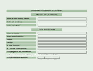 FORMATO DE CONSOLIDACIÓN DE HALLAZGOS
DATOS DEL PUESTO ANALIZADO
Nombre del puesto de trabajo analizado:
Nombre de la dependencia:
Nombre de la empresa:
Nombre del evaluador:
Número de identificación (c.c.):
Profesión:
Postgrado:
No Tarjeta profesional*:
No. Licencia en salud ocupacional*:
Fecha de expedición de la licencia en salud
ocupacional*:
* Todo informe de consolidación de hallazgos que carezca de estos datos no será válido.
Fecha de consolidación de hallazgos:
dd mm aaaa
DATOS DEL EVALUADOR
 