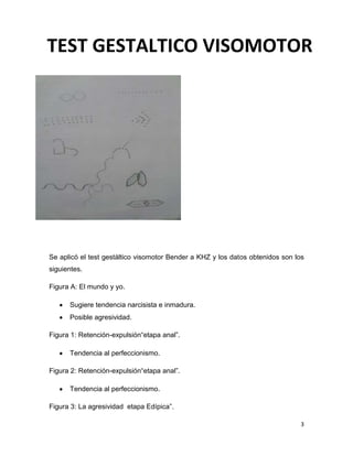 3
Se aplicó el test gestáltico visomotor Bender a KHZ y los datos obtenidos son los
siguientes.
Figura A: El mundo y yo.
Sugiere tendencia narcisista e inmadura.
Posible agresividad.
Figura 1: Retención-expulsión“etapa anal”.
Tendencia al perfeccionismo.
Figura 2: Retención-expulsión“etapa anal”.
Tendencia al perfeccionismo.
Figura 3: La agresividad etapa Edípica”.
TEST GESTALTICO VISOMOTOR
BENDER
 
