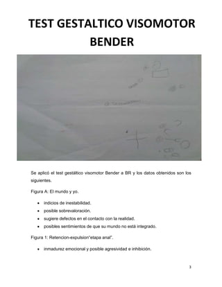 3
Se aplicó el test gestáltico visomotor Bender a BR y los datos obtenidos son los
siguientes.
Figura A: El mundo y yo.
indicios de inestabilidad.
posible sobrevaloración.
sugiere defectos en el contacto con la realidad.
posibles sentimientos de que su mundo no está integrado.
Figura 1: Retencion-expulsion“etapa anal”.
inmadurez emocional y posible agresividad e inhibición.
TEST GESTALTICO VISOMOTOR
BENDER
 