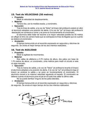 Batería de Test de Aptitud Física del Departamento de Educación Física
                               I.E.S. Gabriel Alonso de Herrera


15. Test de VELOCIDAD (50 metros)
     Propósito:
        Medir la velocidad de desplazamiento.
     Material:
        Terreno liso, con la medida exacta, y cronómetro.
     Ejecución:
        Tras la línea de salida, a la voz de "listos" (el brazo del profesor/a estará en alto)
 el alumno/a adoptara una posición de alerta. A la voz de "ya" (el brazo del profesor/a
 desciende) se comienza a correr y se pone en funcionamiento el cronómetro.
        El alumno/a debe tratar de recorrer a la mayor velocidad posible los 50 metros
sin aflojar el ritmo de carrera hasta que se sobrepasa la línea de llegada que es cuando
se detiene el cronómetro.
     Anotación:
        El tiempo transcurrido en el recorrido expresado en segundos y décimas de
segundo. Se anota el mejor tiempo de los dos intentos realizados.

16. Test de AGILIDAD
     Propósito:
        Medir la agilidad de movimientos.
     Material:
        Dos vallas de atletismo a 0.70 metros de altura, dos palos con base de
1,70 metros de altura, un cronómetro, cinta métrica para medir el circuito si este
no esta marcado.
     Ejecución:
        Tras la marca de salida, a la voz de "listos" (el profesor/a levanta el brazo)
el alumno/a adoptara una posición de alerta. A la voz de "ya" (el profesor/a baja el
brazo) se produce la salida y se pone en funcionamiento el cronómetro. El
alumno/a correrá a la máxima velocidad siguiendo el trazado. El cronómetro se
detiene cuando el alumno/a pone el pie en el suelo tras saltar la última valla.
        No se puede derribar ninguno de los palos laterales.
     Anotación:
        El tiempo transcurrido en el recorrido expresado en segundos y décimas
de segundo. Se anota el mejor tiempo de los dos intentos realizados.
 