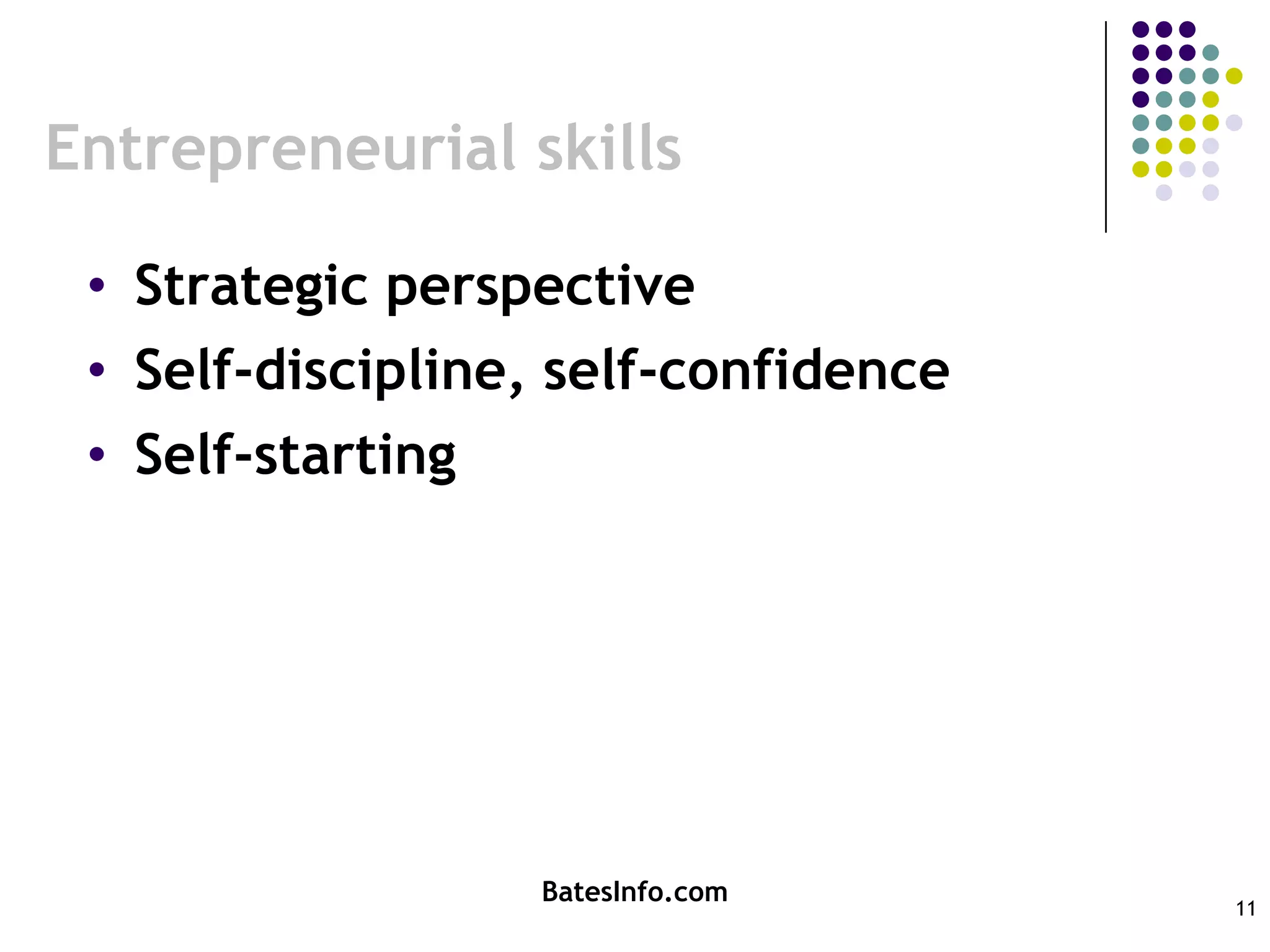 Entrepreneurial skillsStrategic perspectiveSelf-discipline, self-confidenceSelf-startingBatesInfo.com11