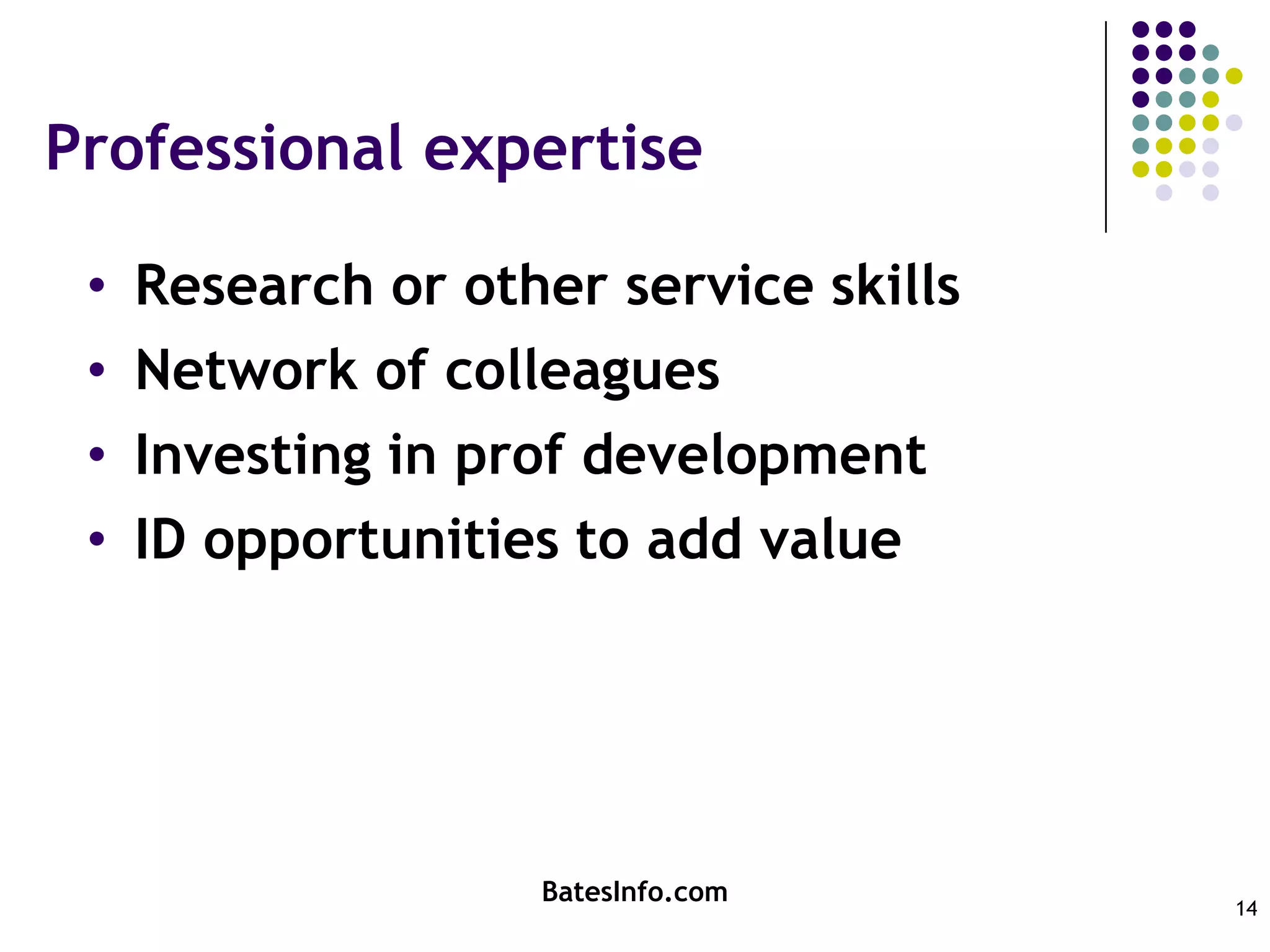 Professional expertiseResearch or other service skillsNetwork of colleaguesInvesting in prof developmentID opportunities to add valueBatesInfo.com14