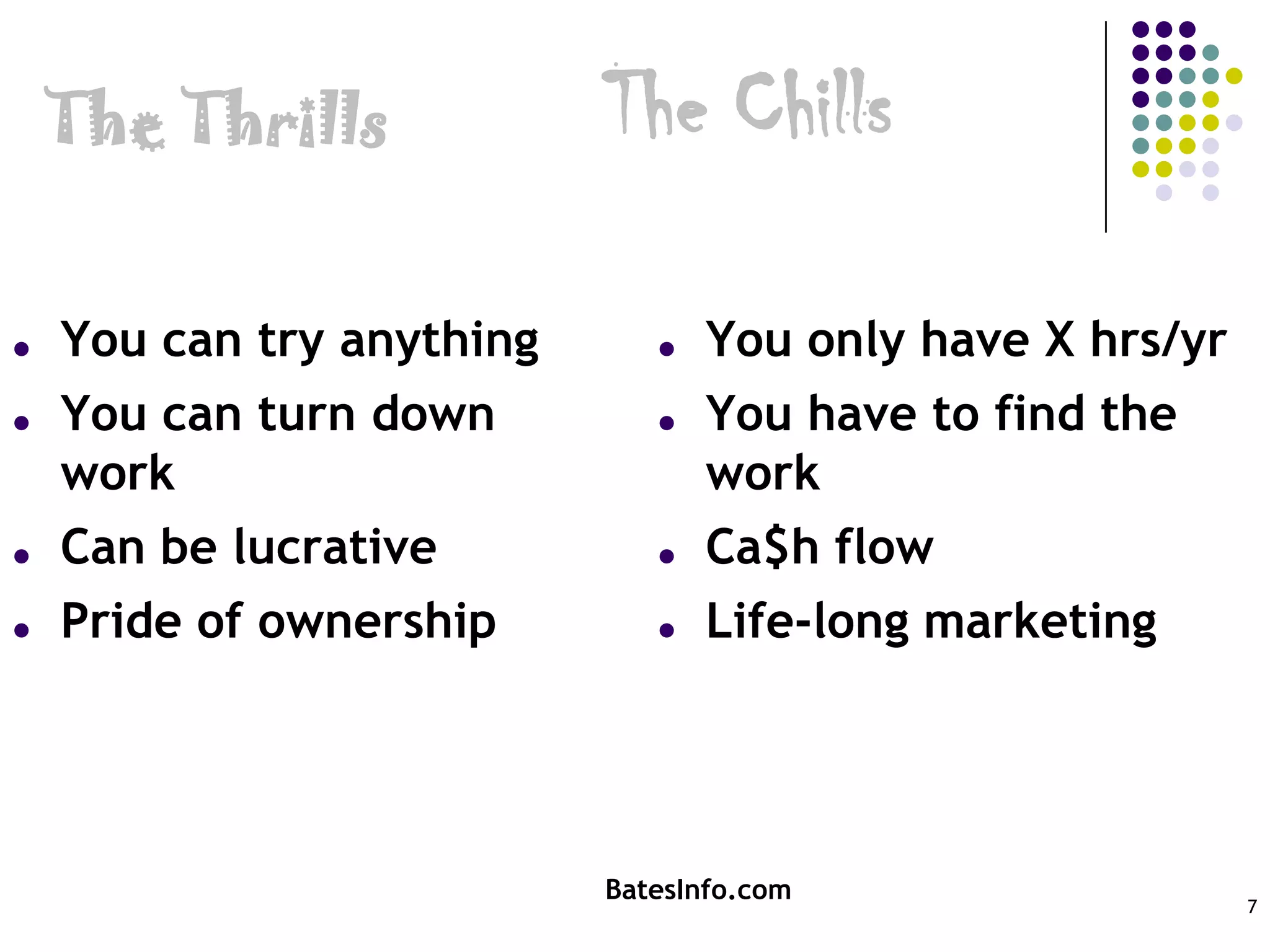 The ThrillsThe ChillsYou can try anythingYou can turn down workCan be lucrativePride of ownershipYou only have X hrs/yrYou have to find the workCa$h flowLife-long marketing7BatesInfo.com