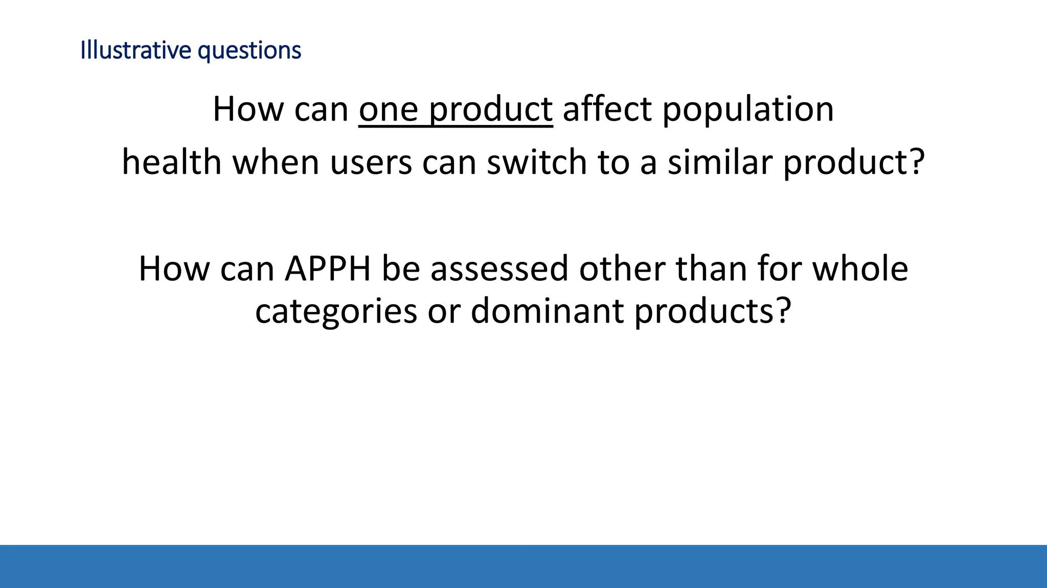 Illustrative questions
How can one product affect population
health when users can switch to a similar product?
How can APPH be assessed other than for whole
categories or dominant products?
 