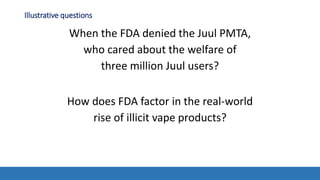 Illustrative questions
When the FDA denied the Juul PMTA,
who cared about the welfare of
three million Juul users?
How does FDA factor in the real-world
rise of illicit vape products?
 