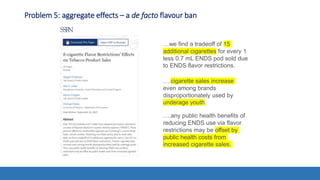 Problem 5: aggregate effects – a de facto flavour ban
…we find a tradeoff of 15
additional cigarettes for every 1
less 0.7 mL ENDS pod sold due
to ENDS flavor restrictions.
….cigarette sales increase
even among brands
disproportionately used by
underage youth.
….any public health benefits of
reducing ENDS use via flavor
restrictions may be offset by
public health costs from
increased cigarette sales.
 