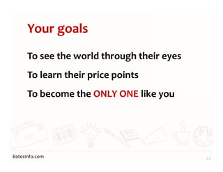 BatesInfo.com
Your goals
To see the world through their eyes
To learn their price points
To become the ONLY ONE like you
22
 