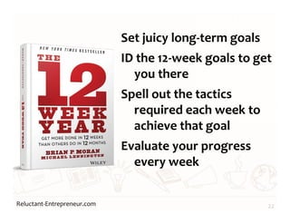 Reluctant-Entrepreneur.com
Set juicy long-term goals
ID the 12-week goals to get
you there
Spell out the tactics
required each week to
achieve that goal
Evaluate your progress
every week
22
 