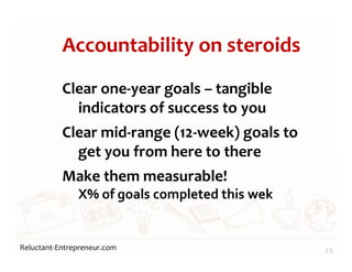 Reluctant-Entrepreneur.com
Accountability on steroids
Clear one-year goals – tangible
indicators of success to you
Clear mid-range (12-week) goals to
get you from here to there
Make them measurable!
X% of goals completed this wek
23
 