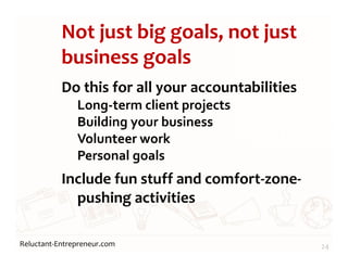 Reluctant-Entrepreneur.com
Not just big goals, not just
business goals
Do this for all your accountabilities
Long-term client projects
Building your business
Volunteer work
Personal goals
Include fun stuff and comfort-zone-
pushing activities
24
 