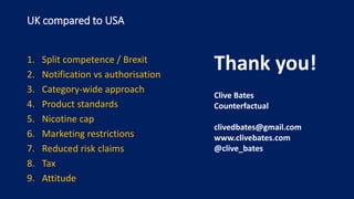 UK compared to USA
1. Split competence / Brexit
2. Notification vs authorisation
3. Category-wide approach
4. Product standards
5. Nicotine cap
6. Marketing restrictions
7. Reduced risk claims
8. Tax
9. Attitude
Thank you!
Clive Bates
Counterfactual
clivedbates@gmail.com
www.clivebates.com
@clive_bates
 