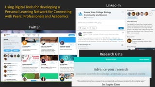 Using Digital Tools for developing a
Personal Learning Network for Connecting
with Peers, Professionals and Academics
Twitter
Research Gate
Linked-In
 