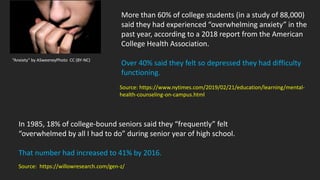 “Anxiety" by ASweeneyPhoto CC (BY-NC)
More than 60% of college students (in a study of 88,000)
said they had experienced “overwhelming anxiety” in the
past year, according to a 2018 report from the American
College Health Association.
Over 40% said they felt so depressed they had difficulty
functioning.
Source: https://www.nytimes.com/2019/02/21/education/learning/mental-
health-counseling-on-campus.html
In 1985, 18% of college-bound seniors said they “frequently” felt
“overwhelmed by all I had to do” during senior year of high school.
That number had increased to 41% by 2016.
Source: https://willowresearch.com/gen-z/
 