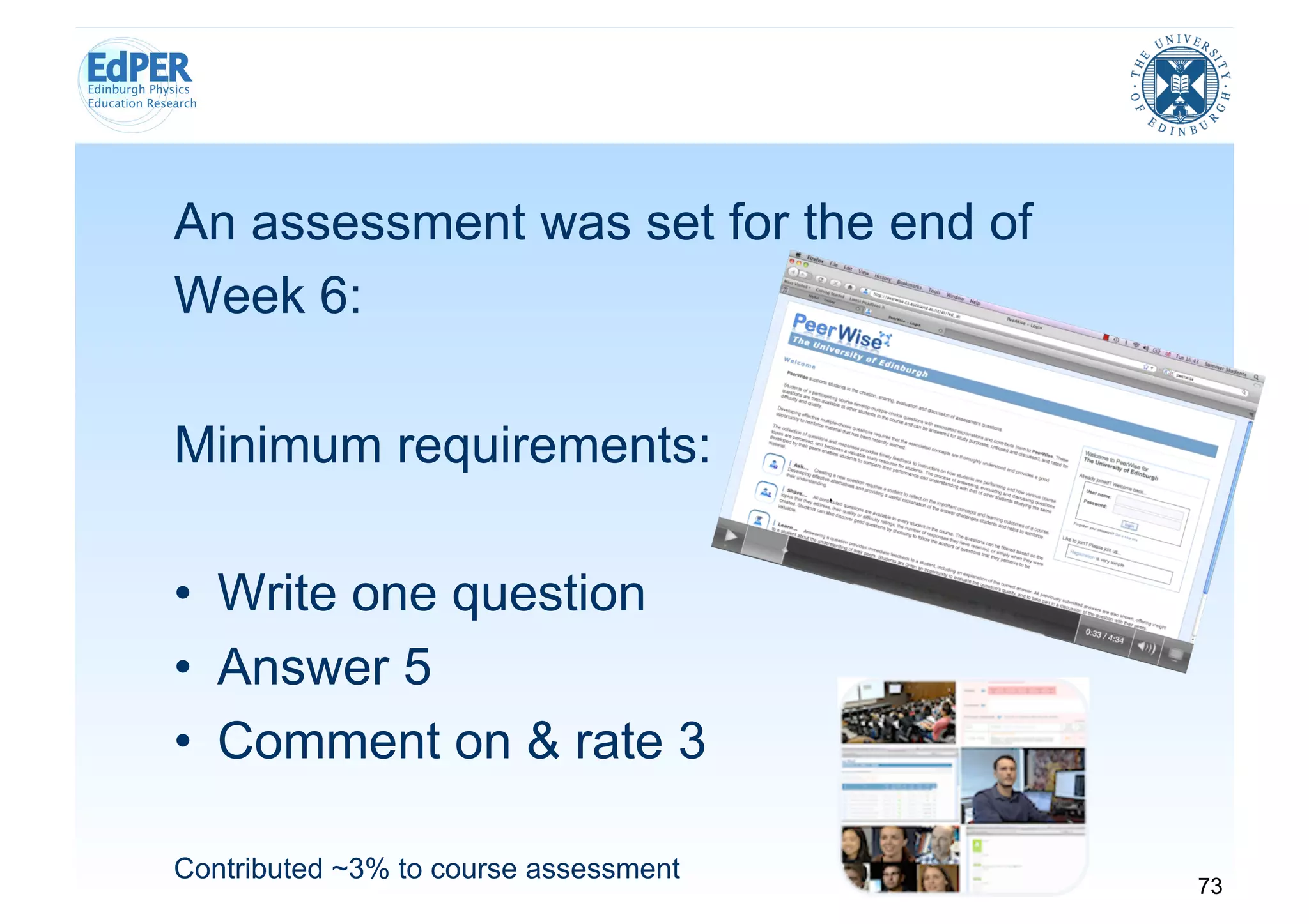 An assessment was set for the end of
Week 6:

Minimum requirements:

•  Write one question
•  Answer 5
•  Comment on & rate 3

Contributed ~3% to course assessment
                                       73
 