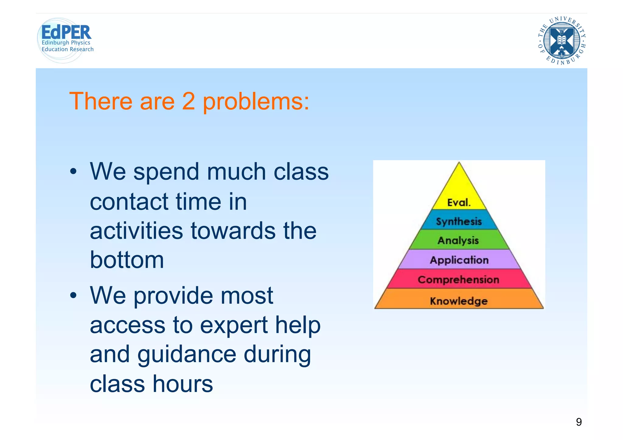 There are 2 problems:

•  We spend much class
   contact time in
   activities towards the
   bottom
•  We provide most
   access to expert help
   and guidance during
   class hours
                            9
 