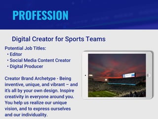 PROFESSION
Potential Job Titles:
• Editor
• Social Media Content Creator
• Digital Producer
Creator Brand Archetype - Being
inventive, unique, and vibrant – and
it’s all by your own design. Inspire
creativity in everyone around you.
You help us realize our unique
vision, and to express ourselves
and our individuality.
Digital Creator for Sports Teams
 
