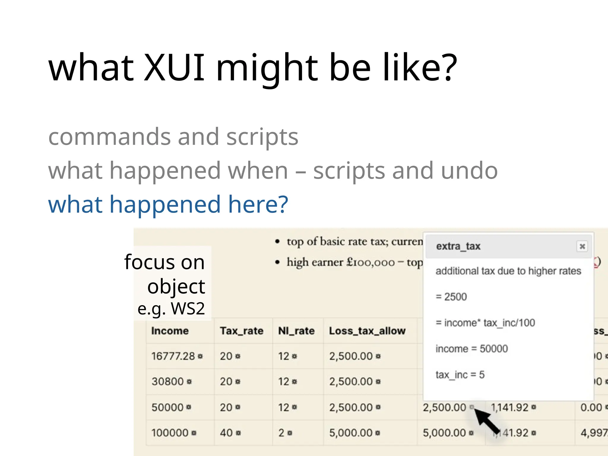 what XUI might be like?
commands and scripts
what happened when – scripts and undo
what happened here?
focus on
object
e.g. WS2
 