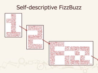 Self-descriptive FizzBuzz
eval(s=s=
%w@proc{|
n|z=32.ch
r;k="[#{n
+=1}]";u=
":>==;<==?"[m=n**4
%-15,m+13]||"#{$f=
k}";d="Y.E.#{c=64.
chr}*'')";$f||d<<z
+k;t="eval(s=s=%w#
{c+s=s[0,
334]}#$f#
";25.time
s{|y|m=u.
bytes.map
{|v|t<<s;
(0..[62-v
,2].min).
map{|x|"i
f0zgl11p0
zghuhku744d8hzeg41qtfx7xs7t
wflr".to_i(36)[x+32+v*3-y/5
*44]<1?z*9:t.slice!(0,9)}<<
z}.join.rstrip;y>23&&m[-9,9
]=d;puts(m)}}[1]#pY.E.@*'')
eval(s=s=%w@proc{|n|z=32.ch
r;k="[#{n+=1}]";u=":>==;<==
?"[m=n**4%-15,m+13]||"#{$f=
k}";d="Y.E.#{c=64.chr}*'')"
;$f||d<<z+k;t="eval(s=s=%w#
{c+s=s[0,
334]}#$f#
";25.time
s{|y|m=u.
bytes.map
{|v|t<<s;(0..[62-v,2].min).
map{|x|"if0zgl11p0zghuhku74
4d8hzeg41qtfx7xs7twflr".to_
i(36)[x+32+v*3-y/5*44]<1?z*
9:t.slice!(0,9)}<<z}.join.r
strip;y>2
3&&m[-9,9
]=d;puts(
m)}}[2]#p
roc{|n|z=
32.chr;k="[#{n+=1}]";u=":>=
=;<==?"[m=n**4%-15,m+13]||"
#{$f=k}";d="Y.E.#{c=64.chr}
*'')";$f||d<<z+k;t="eval(s=
s=%w#{c+s=s[0,334]Y.E.@*'')
eval(s=s=%w@proc{|n|z=32.ch
r;k="[#{n+=1}]";u=":>==;<==
?"[m=n**4%-15,m+13]||"#{$f=
k}";d="Y.E.#{c=64.chr}*'')"
;$f||d<<z+k;t="eval(s=s=%w#
{c+s=s[0, 334]}#$f# ";25.times{|y|m=u. bytes.map{|v|t<<s;
(0..[62-v ,2].min). map{|x|"if0zgl11p0 zghuhku744d8hzeg41
qtfx7xs7t wflr".to_ i(36)[x+32+v*3-y/5 *44]<1?z*9:t.slice
!(0,9)}<< z}.join.r strip;y>23&&m[-9,9 ]=d;puts(m)}}#proc
{|n|z=32. chr;k="[# {n+=1}]";u=":>==;< ==?"[m=n**4%-15,m+
13]||"#{$f=k}";d="Y.E.#{c=6 4.chr}*'' )";$f||d<
<z+k;t="eval(s=s=%w#{c+s=s[ 0,334]}#$ f#";25.ti
mes{|y|m=u.bytes.map{|v|t<< s;(0..[62 -v,2].min
).map{|x|"if0zgl11p0zghuhku 744d8hzeg 41qtfx7xs
7twflr".to_i(36)[x+32+v*3-y /5*44]<1? z*9:t.sli
ce!(0,9)} <<z}.join .rstrip;y >23&&m[-9
,9]=d;put s(m)}}pro c{|n|z=32 .chr;k="[
#{n+=1}]" ;u=":>==; <==?"[m=n **4%-15,m
+13]||"#{ $f=k}";d= "Y.E.#{c= 64.chr}*'
')";$f||d <<z+k;t=" eval(s=s= %w#{c+s=s
[0,334]}# $f#";25.t imes{|y|m=u.bytes. map{|v|t<<s;(0..[6
2-v,2].mi n).map{|x |"if0zgl11p0zghuhk u744d8hzeg41qtfx7x
s7twflr". to_i(36)[ x+32+v*3-y/5*44]<1 ?z*9:t.slice!(0,9)
}<<z}.joi n.rstrip; y>23&&m[-9,9]=d;pu ts(m)}}proc{|n|z=3
2.chr;k=" [#{n+=1}] ";u=":>==;<==?"[m= n**4%-15,Y.E.@*'') [3]
 