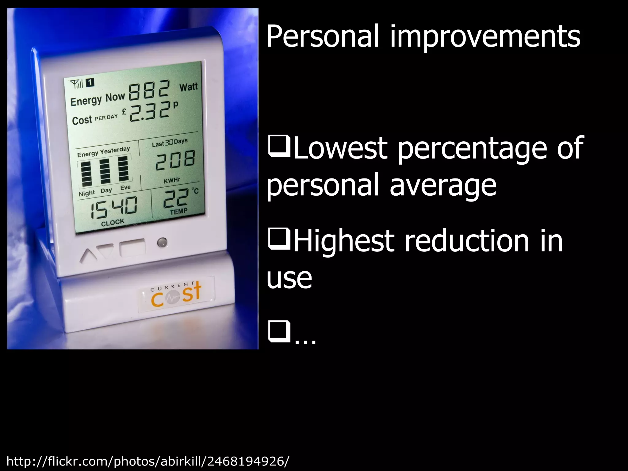 http://flickr.com/photos/abirkill/2468194926/ Personal improvements Lowest percentage of personal average Highest reduction in use … 