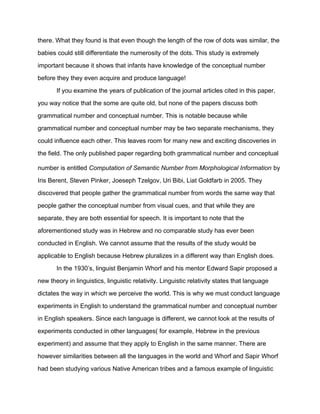 there. What they found is that even though the length of the row of dots was similar, the
babies could still differentiate the numerosity of the dots. This study is extremely
important because it shows that infants have knowledge of the conceptual number
before they they even acquire and produce language!
If you examine the years of publication of the journal articles cited in this paper,
you way notice that the some are quite old, but none of the papers discuss both
grammatical number and conceptual number. This is notable because while
grammatical number and conceptual number may be two separate mechanisms, they
could influence each other. This leaves room for many new and exciting discoveries in
the field. The only published paper regarding both grammatical number and conceptual
number is entitled Computation of Semantic Number from Morphological Information by
Iris Berent, Steven Pinker, Joeseph Tzelgov, Uri Bibi, Liat Goldfarb in 2005. They
discovered that people gather the grammatical number from words the same way that
people gather the conceptual number from visual cues, and that while they are
separate, they are both essential for speech. It is important to note that the
aforementioned study was in Hebrew and no comparable study has ever been
conducted in English. We cannot assume that the results of the study would be
applicable to English because Hebrew pluralizes in a different way than English does.
In the 1930’s, linguist Benjamin Whorf and his mentor Edward Sapir proposed a
new theory in linguistics, linguistic relativity. Linguistic relativity states that language
dictates the way in which we perceive the world. This is why we must conduct language
experiments in English to understand the grammatical number and conceptual number
in English speakers. Since each language is different, we cannot look at the results of
experiments conducted in other languages( for example, Hebrew in the previous
experiment) and assume that they apply to English in the same manner. There are
however similarities between all the languages in the world and Whorf and Sapir Whorf
had been studying various Native American tribes and a famous example of linguistic
 