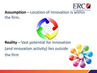Assumption – Location of innovation is within
the firm.
Reality – Vast potential for innovation
(and innovation activity) lies outside
the firm
 