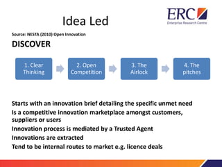 Idea Led
Source: NESTA (2010) Open Innovation
DISCOVER
Starts with an innovation brief detailing the specific unmet need
Is a competitive innovation marketplace amongst customers,
suppliers or users
Innovation process is mediated by a Trusted Agent
Innovations are extracted
Tend to be internal routes to market e.g. licence deals
1. Clear
Thinking
2. Open
Competition
3. The
Airlock
4. The
pitches
 