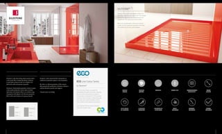 DIFFERENT
TEXTURES
LARGE
FORMAT
RESISTANT TO
CHEMICALS
WIDE RANGE
OF COLOURS
STAIN-
RESISTANT
SCRATCH-
RESISTANT
IMPACT-
RESISTANT
:
C ñ ç U J R
SILESTONE® ADVANTAGESSILESTONE®
Natural quartz surfaces
Silestone® is the best selling natural quartz surface
in the world. This is not just by chance. Silestone
is used both on floors as well as on kitchen and
bath walls, with as few joints as possible.
Silestone’s bacteriostatic protection makes it unique
in the world market; life is fuller when it is filled
with colour and textures. There is an endless range
of proposals with physical and chemical properties
that are the result of years of ongoing research.
THE ORIGINAL QUARTZ
L I N E C O L O U R S E R I E S
ECO Line Colour Series
by Silestone®
ECO Line Colour Series is our quest for
sustainability. We gather the waste materials
that we are all surrounded by to create a
product with a composition of 75% recycled
materials. Glass, porcelain, vitrified ashes and
even water are reused to breathe new life
into something that had previously expired.
The remaining 25% are natural materials
and a resin of plant origin.
Bacteriostatic protection
by Silestone®
Silestone® is the only brand that incorporates an
antibacterial protection system in its composition.
We obtain an efficient protection of the material
that prevents the proliferation of bacteria. Silestone
surfaces therefore provide extra hygiene.
*Consult colour availability
SILESTONE®
B
Bacteriostatic
Protection*
NATURAL
QUARTZ
Q
ANTISLIP Ultra-fine
:
CUSTOM
Design
JUMBO
3250 mm
x
1590 mm
STANDARD
3040 mm
x
1380 mm
A BB
A: Dekton® - Makai / B: Elegance Wash-hand basin / Kador Shower Tray - Silestone® Rosso Monza
A
B
A: Dekton® - Makai / B: Kador Shower Tray - Silestone® Rosso Monza
Silestone is an almost unbreakable surface. It is
stain-free, mark-free and scratch-free. The resistant
pieces of Silestone are alive and continue to be
enjoyed over time, going beyond the surface.
With a very low absorption index and a minimal
number of joints, liquids are welcome in the heart
of the bathroom, but not inside Silestone.
8 9
 