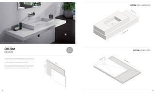 CUSTOM
DESIGN
CUSTOM WASH-HAND BASINS
CUSTOM SHOWER TRAYS
:
The entire Bathroom Collection is custom-made to order, in any of the 100+
Silestone, Eco or Dekton* colours, in accordance with the taste of each client.
The product is adapted to the space and needs of each client.
Thanks to its large format production, Cosentino® can make unique jointless
tiles in lengths of more than 3 metres and widths of more than 1.5 metres.
For wash-hand basins, shower trays,panelling or bathroom floors.
MÁX 300 cm
MÁX 120 cm
MÁX 120 cm
MÁX 300 cm
325 cm
157cm
A B
A: Basic Wash-hand basin - Silestone® Montblanc / B: Dekton® - Borea
18 19
 