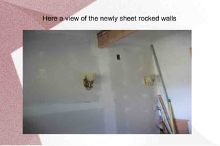 In this photo you can see  the support beam I put in(at the dart in the photo) and the extended new ceiling with the light and fan.  