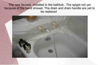 The window sill is covered with oak and temporary marble tiles. The plastic on the background is to protect the new sheetrock when Sheri takes a shower. 