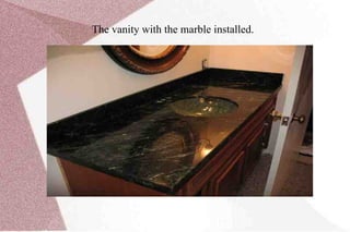 The vanity and part of the granite floor. Far left one can see the wall heater of which the  cover still will be replaced and the same for the central heating vent on the floor in front of the vanity. 