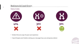 Redirects & Crawl Errors23
404 302 301
Status Codes
• Broken links are a sign of a poor user experience
• Search Engines won’t bother ranking your new page if you use a temporary redirect
 